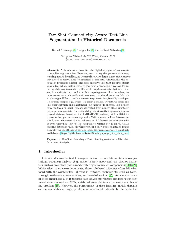 Few-Shot Connectivity-Aware Text Line Segmentation in Historical Documents